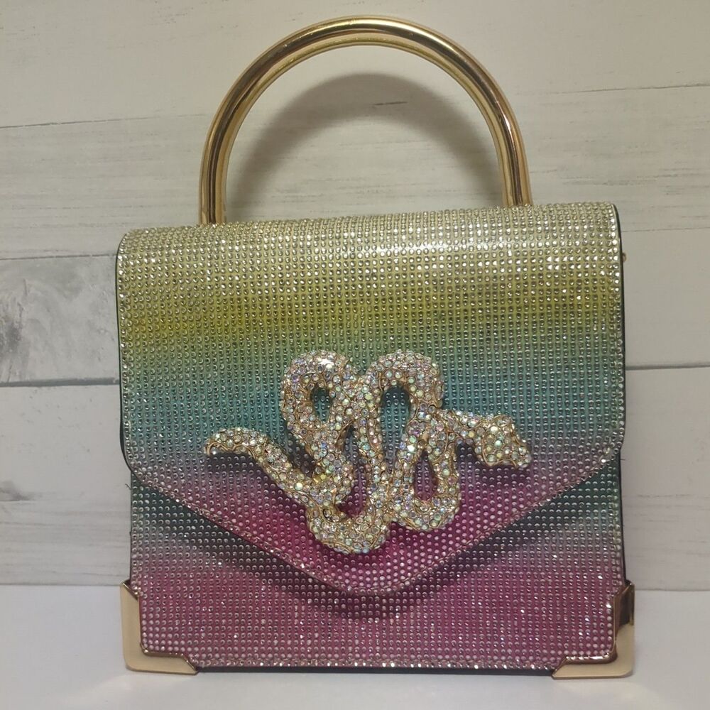 Vintage Aldo Kedayia Bedazzled Rainbow Rhinestone Snake Top Handle Clutch Purse